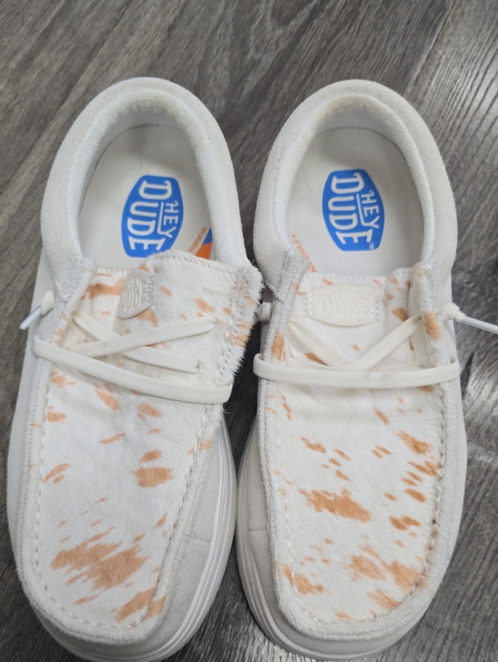 Hey Dude Women's White & Tan Hair On Hide Slip-Ons